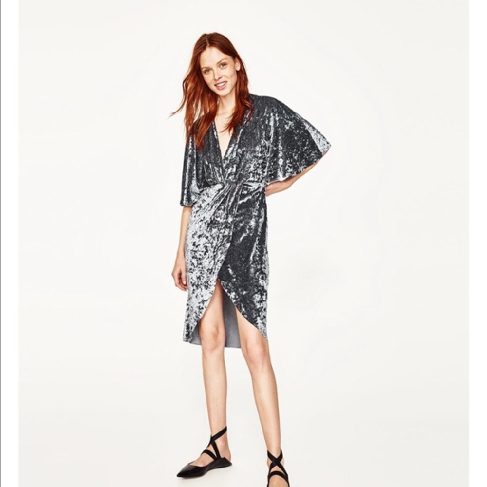 NEW Zara grey blue velvet wrap dress